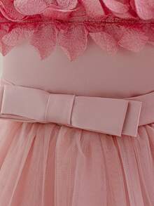 女婴无袖蝴蝶结蕾丝薄纱可爱花童拖尾礼服，适合婚礼、一周岁生日派对等场合，不含头饰 - 藕粉色 - 查看 7