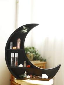 1pc Black Crescent Wooden Shelf, Starry Sky Crystal Display Rack, Bohemian Style Witchcraft Display Shelf, Mysterious Lunar Phase Storage Rack, Gothic Altar Rack, Suitable For Crystals, Essential Oils, Small Decorations, Mysterious Home Decor, Dark Academia Style Room Decor, Floating Crescent Shelf, Suitable Gift For Crystal Collectors And Witches, Rustic Style Decor - Multicolor - View 11
