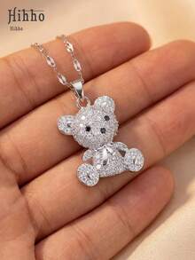 Hihho 1 chiếc vòng cổ hình gấu đính đá lấp lánh sang trọng, mặt dây chuyền đá quý tinh tế, vòng cổ thanh lịch thích hợp cho đi làm, hẹn hò, gặp gỡ bạn bè, các buổi tiệc nhỏ. - Bạc - Xem 2