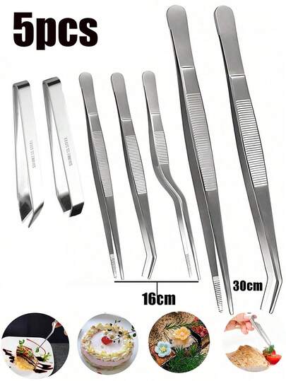 5pcs/3pcs/2pcs/1pc Stainless Steel Curved Cooking Tongs, Precise Kitchen Plating Tongs, Baking Decorating Beauty