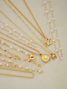 3件套混搭复古夸张造型项链套装，包含硬币、心形、贝壳花、仿珍珠Y型项链，适合姐妹、情侣、度假、约会、送礼、日常、休闲、派对、婚礼等场合。 - 彩色 - 查看 3