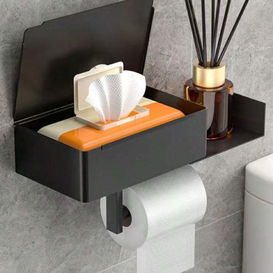 1 hộp đựng giấy vệ sinh bằng thép không gỉ, hộp đựng giấy vệ sinh treo tường dùng trong nhà. - màu đen - Xem 1