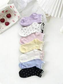 7 Pairs Random Cute Polka Dot Ruffle Trim Fashion Women Ankle Socks, Breathable & Comfortable - Multicolor - View 4