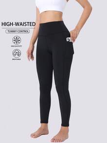 High Waist Skinny Pants With Pockets, Solid Color Outdoor Running Workout Leggings, Fitness Pilates Waist Cinching Yoga Pants, Elastic Compression Tights Sports - Black - View 2