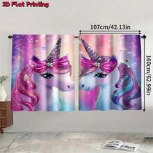 2pcs Pink Unicorn Pattern Semi-Blackout Curtains, No Drill Rod Design, Rod Pocket Hanging, Classic Style For Living Room, Kitchen, Home Decor, Room Divider, Made Of Polyester, Machine Washable - Multicolor - View 10