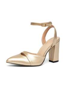 女士新款性感派对/约会金色单带尖头粗跟高跟鞋 - 金色 - 查看 2