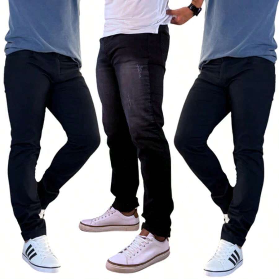 Set Of 3 Men's Dark Black Lycra Basic Casual Premium Jeans Direct From The Factory With Elastane - 深灰色 - 查看 1