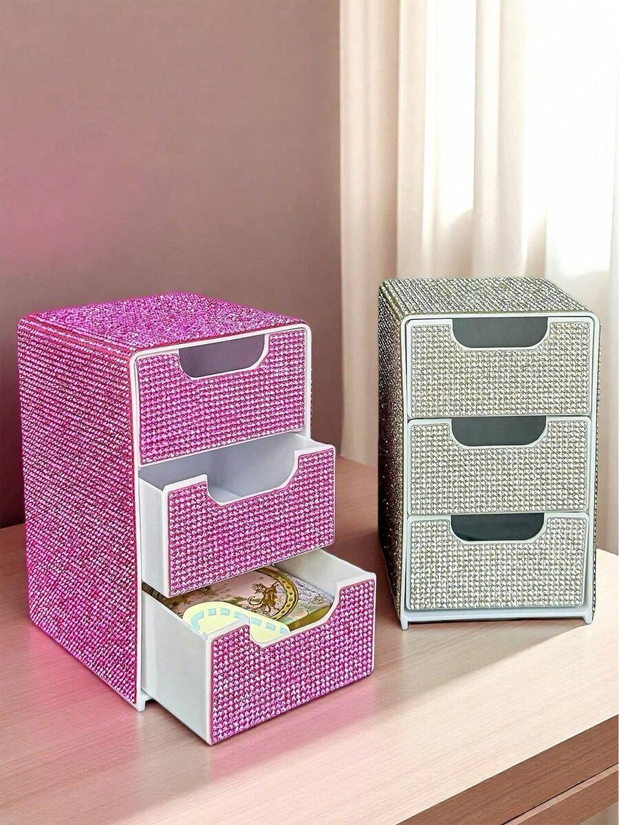 1 pieza Caja de almacenamiento de escritorio de 3 cajones totalmente cubierta de rhinestones, organizador de joyas y cosméticos - Multicolor - Ver 1