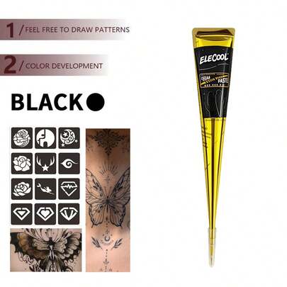 Henna Cone Tattoo Kit Available In Multiple Colors, 12 Random Reusable Stencils | Pre-Mixed Natural Mehndi Paste For Temporary Body Art | Waterproof, Smudge-Proof, Long-Lasting | DIY Kit Suitable For Beginners For Parties, Festivals, Halloween, And Weddings