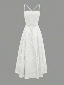 Women's & Elegant Summer Dress With Drawstring Waist And Backless Design, Made Of Jacquard Fabric, Suitable Vacation, Beach, Date, Back To School, Wedding, Party And Other Occasions - 白色 - 查看 6