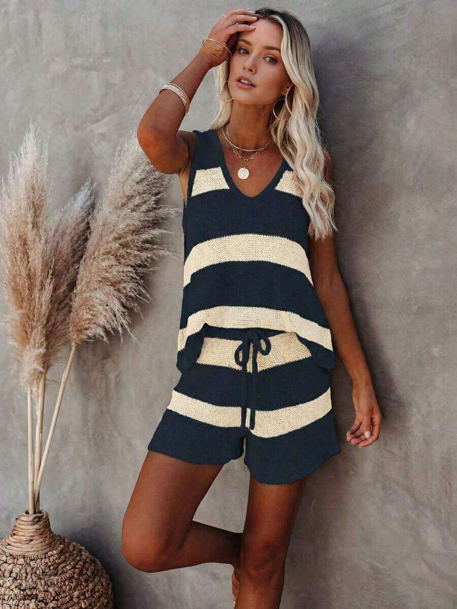 2026 New V-Neck Striped Contrast Color Knitted Vest And Shorts Casual Vacation Knit Set, Elegant And Relaxed Style, Suitable For Daily Commute, Holidays, Beach Outings Summer - Navy Blue - View 1