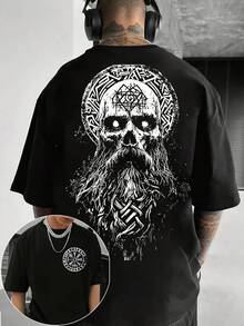 Camiseta de manga corta para hombre con estampado de calavera y vikingo barbudo | 100%, Ligeramente Elástico, Cuello Redondo, Comodidad para Todas las Temporadas, Transferencia Térmica Digital, Ideal para Uso Diario y Regalo de San Valentín - Negro - Ver 3