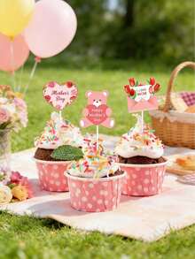 12 piezas Decoradores de pasteles para el Día de la Madre, decoradores de magdalenas con forma de corazón - Con temas como "Mamá, te amo", "Gracias, mamá" y "Eres la mejor mamá", adecuados para decoraciones de pasteles de fiestas de cumpleaños con tema del Día de la Madre, suministros de fiestas de cumpleaños y regalos del Día de la Madre. - multicolor - Ver 6
