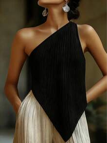 Damen Sommer Neu Schräge Schulter Freie Schulter Einfarbig Gestrickt Sexy Elegant Mode Vielseitig Alltag Urlaubsstil Damen Trägerhemd Minimalistisch Asymmetrisch Gerüschte Einschultrige Bluse Casual Schwarz - Schwarz - Übersicht 1