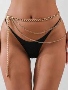 Chaîne de taille en métal ajouré pour femmes, ceinture polyvalente à porter avec des costumes, pulls, robes, accessoire de chaîne de taille décorative, couleur unie en ton doré bohème en aluminium, convient pour toutes les saisons - Chaîne de pantalon multicouche 1 - Voir 4