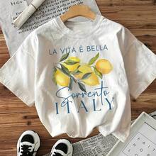 2025 Spring Summer Casual Minimalist Fresh Lemon Letter Graphic Print Women White Round Neck T-Shirt Suitable For Spring Summer Autumn Outdoor Casual Wear - 藍色 - 查看 6
