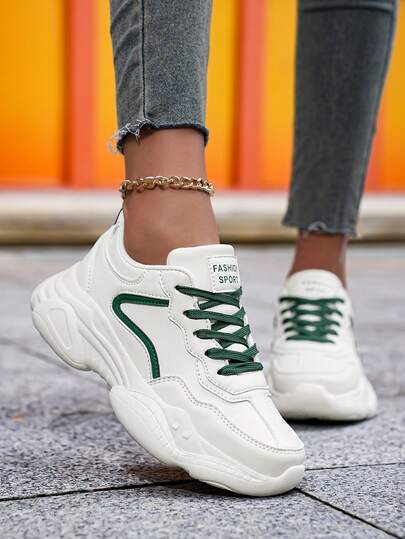 Women's Fashionable White & Green Contrast Retro Chunky Sneakers, Patchwork Front Lace-Up, Comfortable Soft Sole Outdoor Running Shoes, Versatile Casual Daily Commute White Sneakers