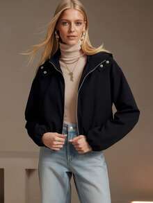 女士休闲户外连帽短款夹克 春季黑色 - 黑色 - 查看 1
