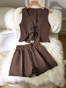 2-Piece Set Of Solid Color Casual Women's Clothing With Knot Decoration Design, Spring/Summer Collection - Army Green - View 4