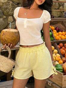 夏季黄白条纹纹理弹力腰休闲短裤，弹力腰带蝴蝶结设计，宽松度假沙滩甜美少女短裤，甜美少女度假百搭显瘦热裤 - 黃色 - 查看 3