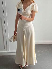 Livesso Spring V-Neck Petal Sleeve Bridesmaid Wedding Guest Party Elegant Waist Cinched Satin Mid-Length Dress Maxi Dress Sundress - 淺黃色 - 查看 6