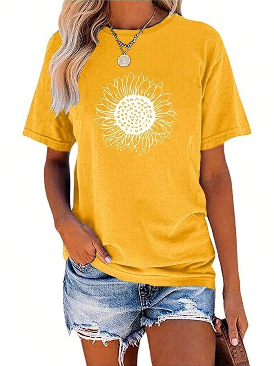 1pcsMaQiYa Womens Cute Sunflower Graphic Printed Tee Shirts Vintage Short Sleeve Cotton Shirts TopsSoft Easter Outfit Women Easter Outfit Women.Yellow Sunflower Print Women's Vintage Short Sleeve Cotton Top - 黃色 - 查看 1