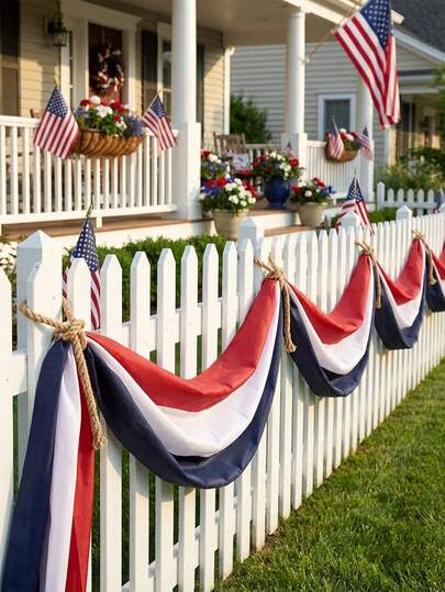 6m American Flag Colored Decorative Fabric, Extra Long Red White Blue Wavy Flag, Suitable For Independence Day, Memorial Day, 4th Of July, Outdoor Porch And Fence Decor