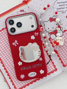 SANRIO 1 pieza Funda de teléfono con espejo y lazo de gato de dibujos animados TK + Correa de cordón, apta para iPhone 11-17 Pro Max - Rojo - Ver 3