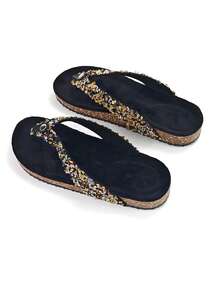 2026 Nuevas chanclas de verano para mujer con cristales de colores, sandalias planas con diamante de imitación, plantilla de espuma viscoelástica cómoda, pantuflas de playa de moda, adecuadas para vacaciones en la playa, regalo ideal para el Día de San Valentín - Negro - Ver 1