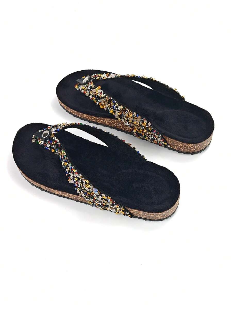 2026 Nuevas chanclas de verano para mujer con cristales de colores, sandalias planas con diamante de imitación, plantilla de espuma viscoelástica cómoda, pantuflas de playa de moda, adecuadas para vacaciones en la playa, regalo ideal para el Día de San Valentín - Negro - Ver 1