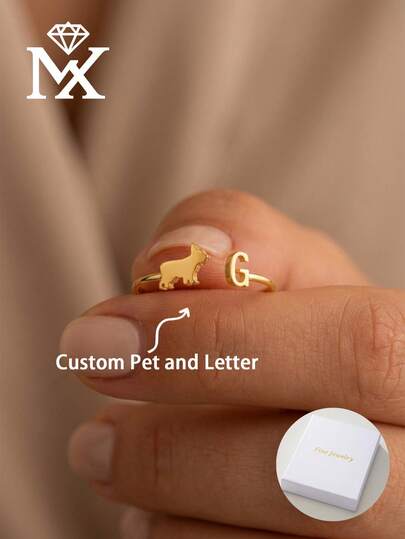 Nhẫn thép không gỉ khắc chữ cái đầu tên chó theo yêu cầu dành cho nữ, kiểu dáng silhouette và chữ cái thú cưng tùy chỉnh, nhẫn hở mạ vàng tối giản dành cho người yêu động vật, quà tặng trang sức điều chỉnh được cho ngón tay của cô ấy.