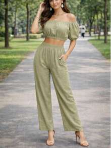 Set de dos piezas Ligero delgado Pantalón y blusa ombliguera de moda para mujer casual de uso diario de moda top corto unicolor para vacaciones - Verde Oliva - Ver 1
