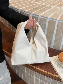 Grand sac à bandoulière rétro de femme en couleur unie et doux, sac bandoulière multifonctionnel, sac fourre-tout, sac de ville décontracté pour femmes - Blanc - Voir 10