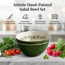 2 piezas, Tazones cerámicos de estilo retro francés de 5.8 pulgadas, diseño delicado, Body de tazón ligero, adecuado para arroz, sopa, ensalada y talla grande; apto para microondas y lavavajillas, apilable - Verde - Ver 2