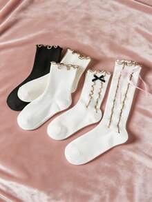 1 Pair Women's Mid-Calf Socks, Solid Color Minimalist Lace Trim Ankle Socks, Ruffle Edge Short Socks With Bow Design, Essential For Casual Daily Wear - Multicolor - View 11
