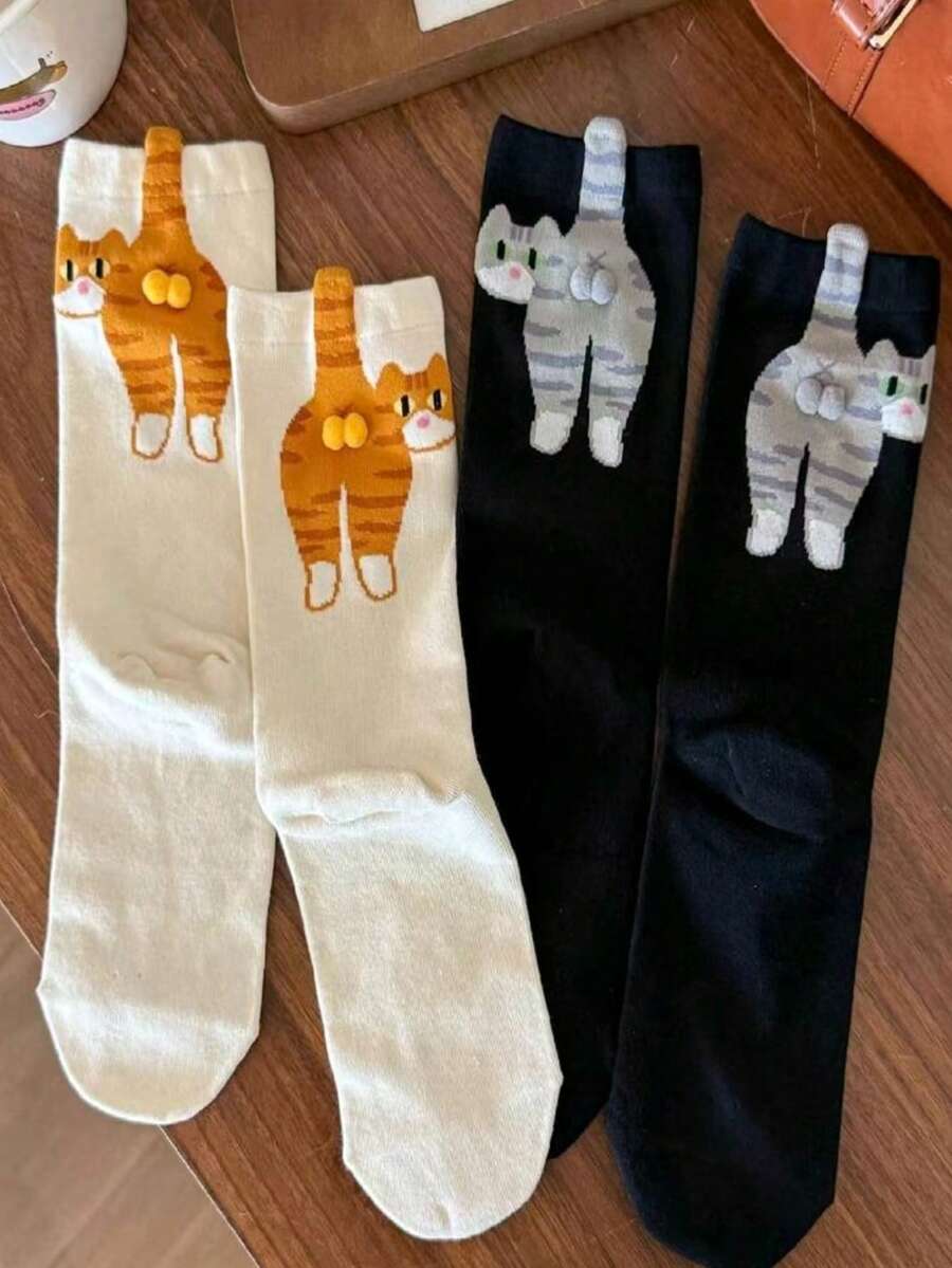 2双装时尚趣味可爱猫咪图案男女通用圆筒腿套，适合日常、校园、派对穿着，是万圣节、圣诞节、感恩节、情人节的绝佳礼物。 - 彩色 - 查看 1