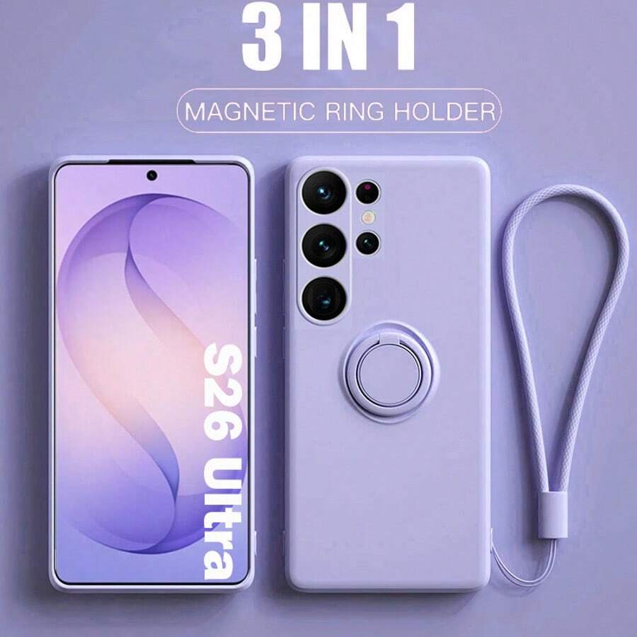 Capa de silicone com suporte e anel magnético para Galaxy S25, S25 Plus, S25 Ultra, S26, S26 Plus, S26 Ultra, A17, A37, A57 - Roxo Lilás - Ver 1