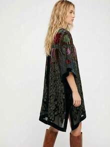 Mother's Day Gift Burnout Velvet Kimono Long Cardigan Cover Up Casual Outfit Dark Green-Peacock - Họa tiết chim công - Xem 3