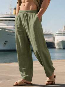 Men's Breathable Linen Loose Casual Sports Pants, Suitable Beach, Spring/Summer - xanh quân đội - Xem 12