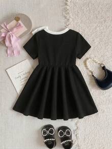 Baby Girls' Elegant Bowknot Patchwork Round Neck Waist Dress, Summer - Black - View 2