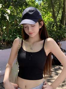 白色蕾丝吊带背心，女士夏季抹胸针织打底衫，无袖休闲黑色 - 黑色 - 查看 3