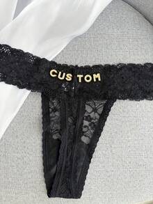 Bragas tipo G de encaje con nombre personalizado - Diseño personalizado con letras y números en inglés, malla transpirable con patrones florales, ropa interior de triángulo de talle bajo, lavar a mano, encaje sexy, regalo perfecto para parejas, ropa interior linda - Negro - Ver 3