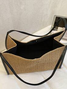 黑色PU皮革饰边人字纹编织手提包，手工编织纸草材质，大容量通勤包，PU皮革肩带，磁扣开合，简约休闲风格女士单肩包，适合通勤、旅行、海滩、日常使用，法式简约设计 - 卡其色 - 查看 11