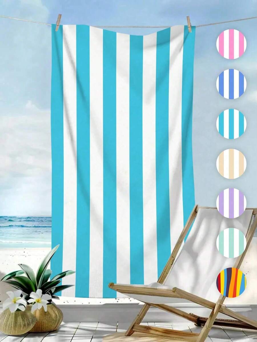1pc Simple Striped Beach Towel, Extra Large Microfiber Quick Dry Water Absorbent Beach Towel, Anti-Sand Beach Blanket, Suitable For Travel, Swimming Pool, Yoga, Gym, Beach, Holiday Essentials (Single-Sided Printed), Beach Accessories, Pool Float - Large Beach Towels, Microfiber Beach Towel, Round Beach Towel, Striped Beach Towel, Good For The Beach, Dries Fast, Soft Beach Towel, Summer Essential, Cute Beach Towel, Cruise Essentials, Pool Essentials, Vacation Essentials, Camping Essentials, Beach Essentials, Beach Accessories For Women, Beach Towels Oversized - Xanh nhạt - Xem 1