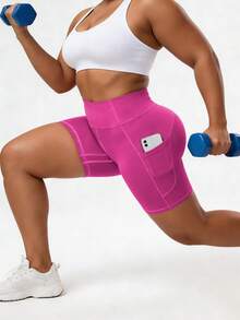 Spring/Summer Women's Plus Size Multi-Color High Waist Tummy Control Butt Lifting Tight Sports Shorts With Pockets, Suitable For Cycling, Yoga, Running, Fitness Training, Daily Wear - Hot Pink - View 6