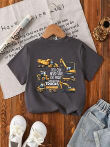 Young Boy Excavator Print T-Shirt, Soft And Comfortable Fabric, Suitable For Boys Outdoor Sports, Casual Wear, Street Style, Campus Style, Fashionable Boys Spring/Summer Casual Versatile Top - Dark Grey - View 5