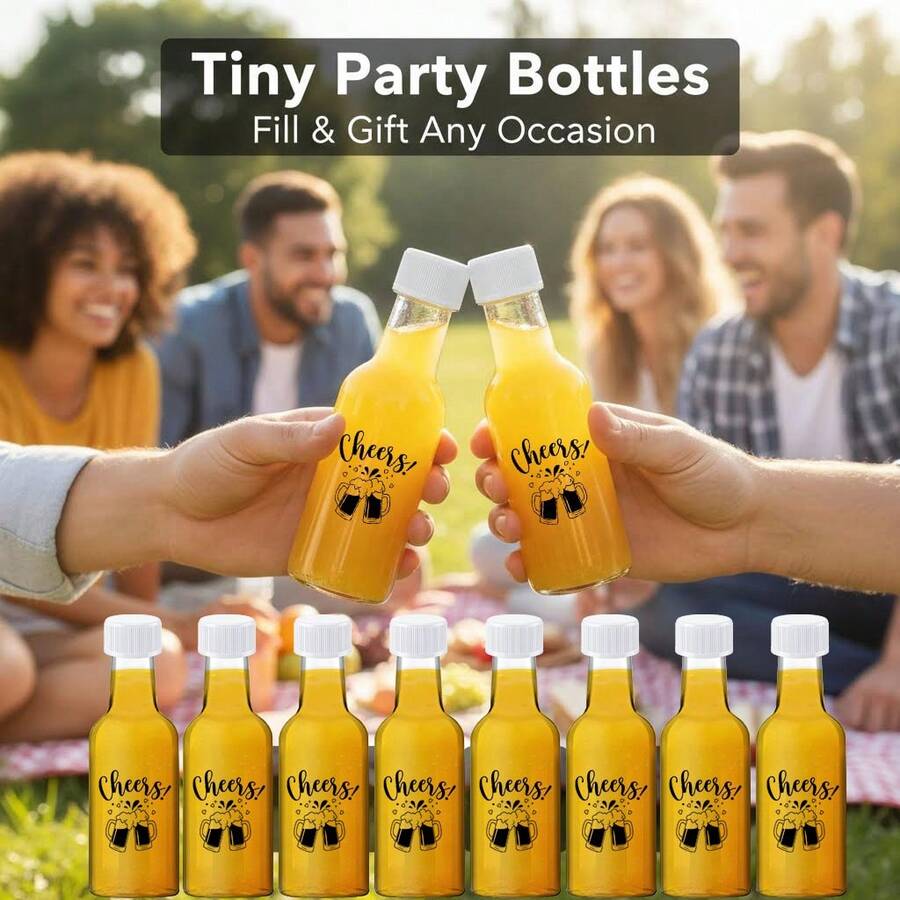 26/5pcs Plastic Empty Bottles, Mini Beverage Bottles Suitable For Summer Outdoor Adventures. With Black And White Plastic Caps And Black Labels, Perfect For Camping, Road Trips, Travel, Summer Celebrations, Birthday Parties, And Summer Garden Parties