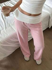 Sunny Girly Summer Y2K Back To School Casual Home Waistline White Pleated Patchwork Straight Pants - Hồng - Xem 11