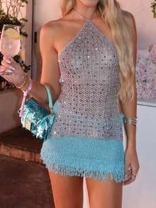 Áo hai dây không tay cổ khoét rỗng đính sequin bạc kiểu Y2K, thích hợp cho kỳ nghỉ biển và tiệc tùng mùa hè. - Xám - Xem 9