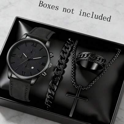 Bộ phụ kiện nam phong cách tối màu 4 món | Đồng hồ dây da đen + Dây chuyền hình thánh giá + Dây chuyền kiểu + Nhẫn bện, cá tính cao, thích hợp làm quà tặng hoặc sử dụng cá nhân.